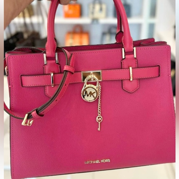 MICHAEL KORS HAMILTON MEDIUM SATCHEL SHOULDER PEBBLED LEATHER BAG ELECTRIC PINK - Picture 1 of 6